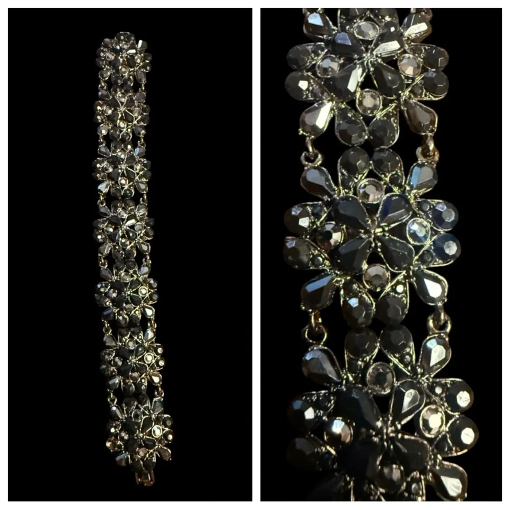 Vintage 1990’s does 1950’s‎ Glam Black Rhinestone Beaded Bracelet, Mid Century